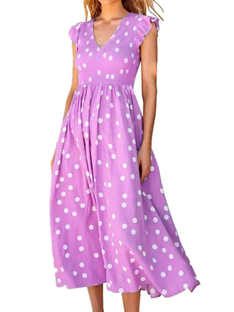 

Летнее Длинное платье в горошек, женская одежда, модные элегантные платья с V-образным вырезом и коротким рукавом, женское пляжное Повседнев...