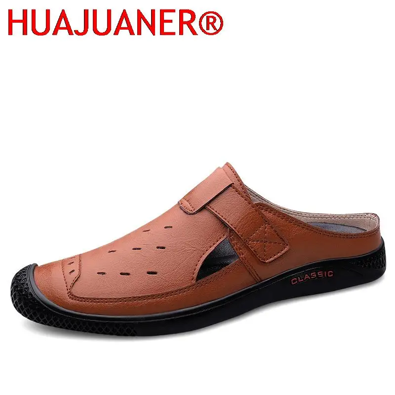 

Classic Breathable Mens Half Slipper Genuine Leathe Muller Shoes Loafers Male Comfy Flats Lazy Shoes Soft Handmade Casual Shoes