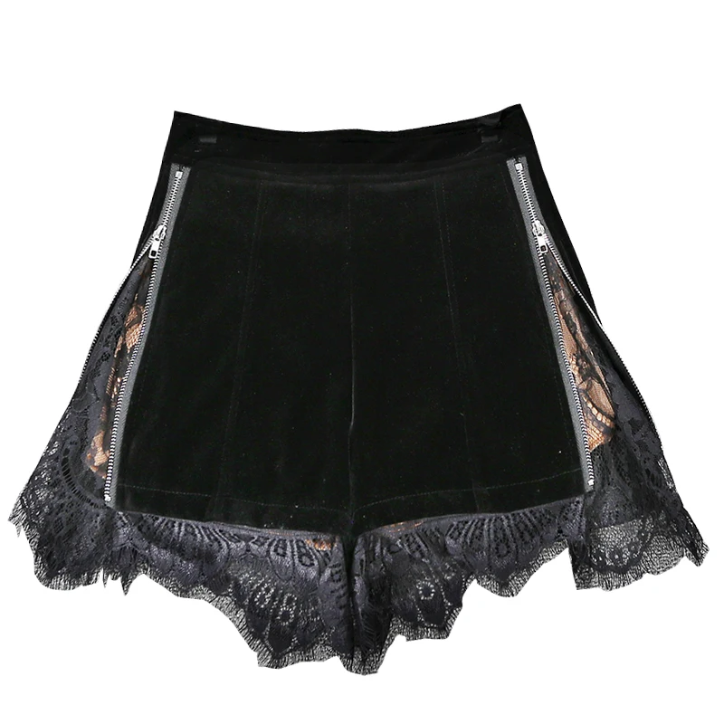 2021 Spring Summer Women New Lace Edge High Waist Slim Western Style A-Line Shorts Female Velvet Zipper Wide Leg Shorts Black