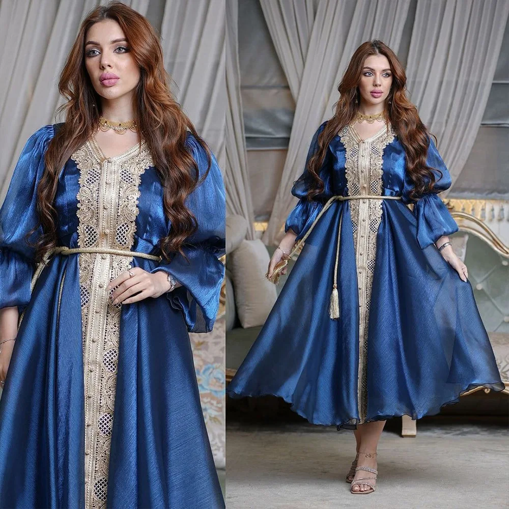Women Spring Summer Muslim Fashion Middle Eastern Turkey Seasonal Tempest Evening Dress Lantern Sleeve Belted Gown Ramadan