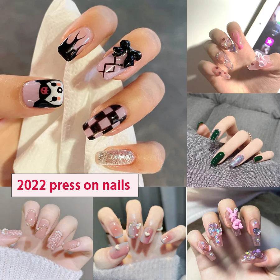 Love Bow Y2K Sweet Cool Nail Art Diamond Shiny Pearl Cute Cat Fake Nail Wholesale Wearable Pink Fake Nail Set Press on Nail 24pc