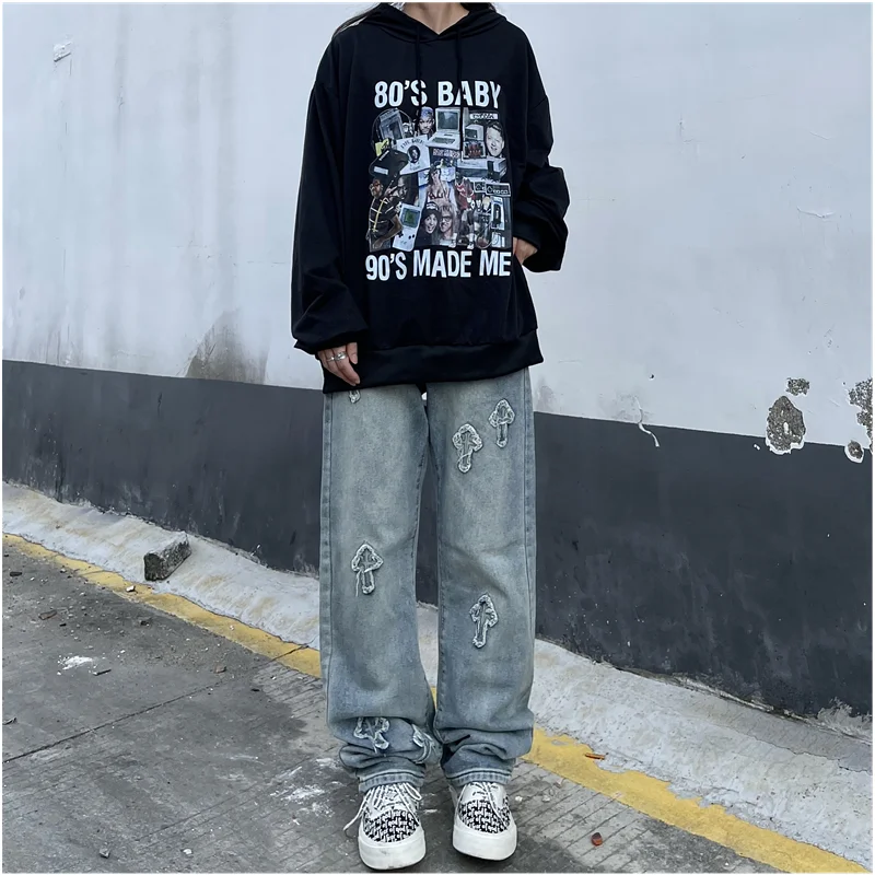 Streetwear Men 2022 New Pattern Vintage Recreational Cross Jeans Loose Broad Straight Cylinder Leg Trousers Autumn Female Trend