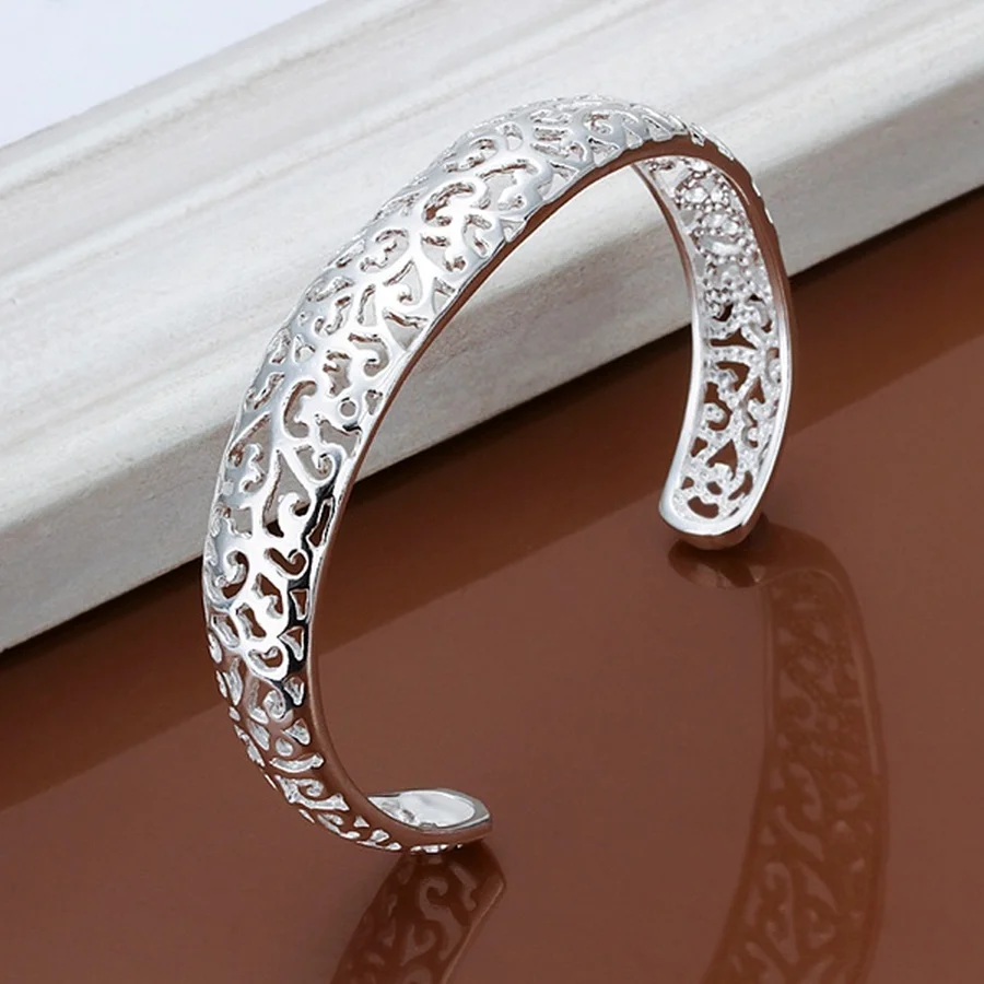 

925 Sterling Silver open bangle bracelet for women lady girl cute favorite gift retro charm exquisite circular fashion jewelry