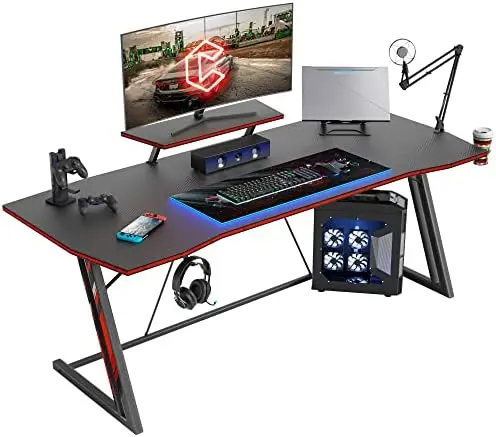 

Desk 47 inch PC Computer Desk, Home Office Desk Gaming Table Z Shaped Gamer Workstation and Headphone Hook, Black