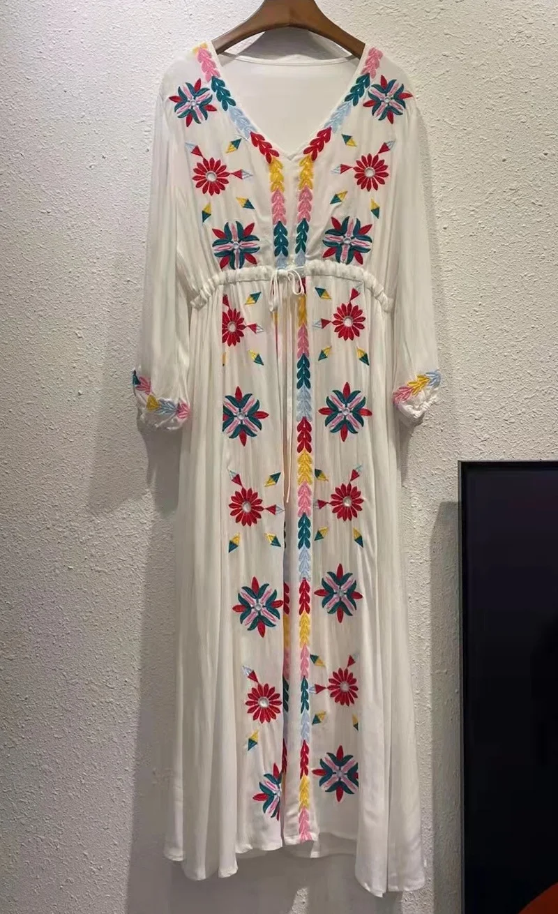 Bohemian Beach Dress New 2022 Summer High Quality Casual Clothing Women V-Neck Colorful Floral Embroidery Long Sleeve Dress