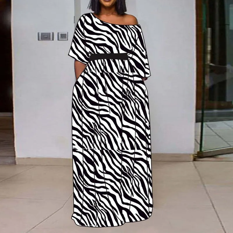 

Sexy Slanted Shoulder Short Sleeve Leopard Dress Women's Elegant Party Long Maxi Dresses 2022 Summer New Black White Fashion 4XL