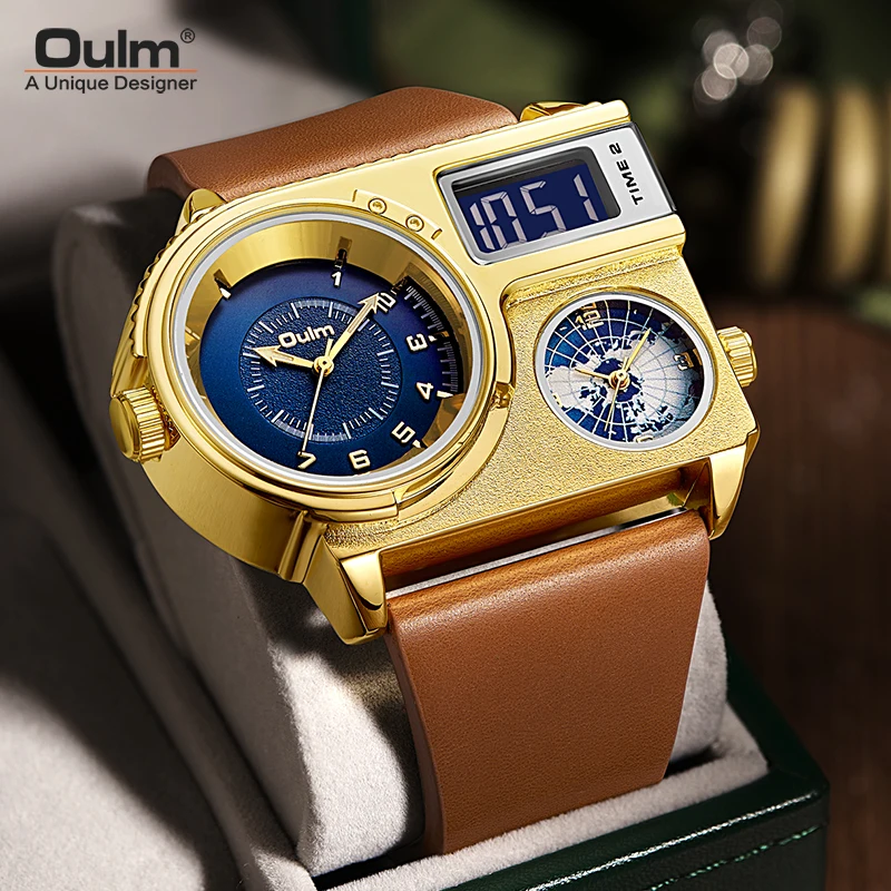 

Luxury Watch For Men Oulm Top Brand Military Gold Two Time Zone Wristwatch Male Quartz Clock Men's Sport Watches Reloj Hombre