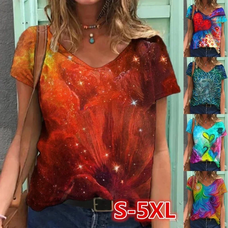 Summer Women Fashion Graffiti Pattern Printed T-Shirts Casual Short Sleeve V-Neck Cotton Tops S-5XL Shirts