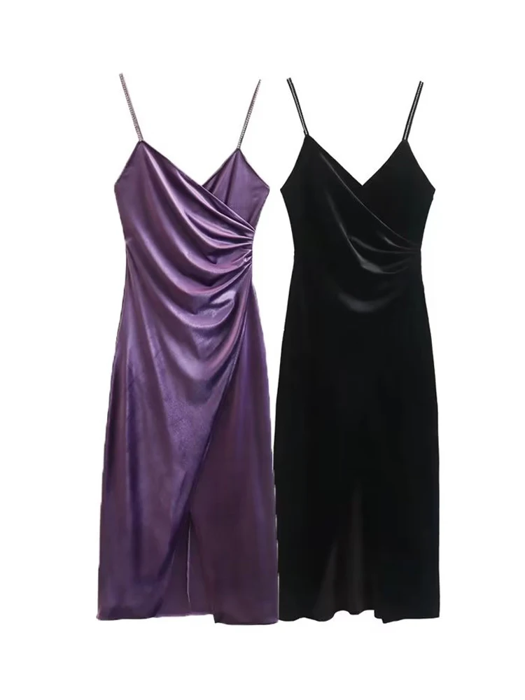 

Элегантное женское платье на тонких бретельках, фиолетовое бархатное платье без рукавов с V-образным вырезом и рюшами, платья миди с разрезо...