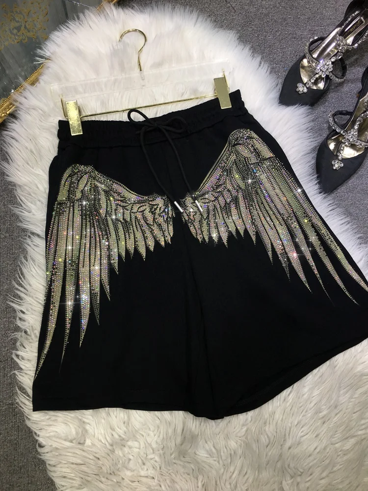 Fore and Aft Wings Hot Drilling Women Shorts Loose Elastic Waist Drawstring Five-point Pants High Waist Trendy Summer Hot Shorts