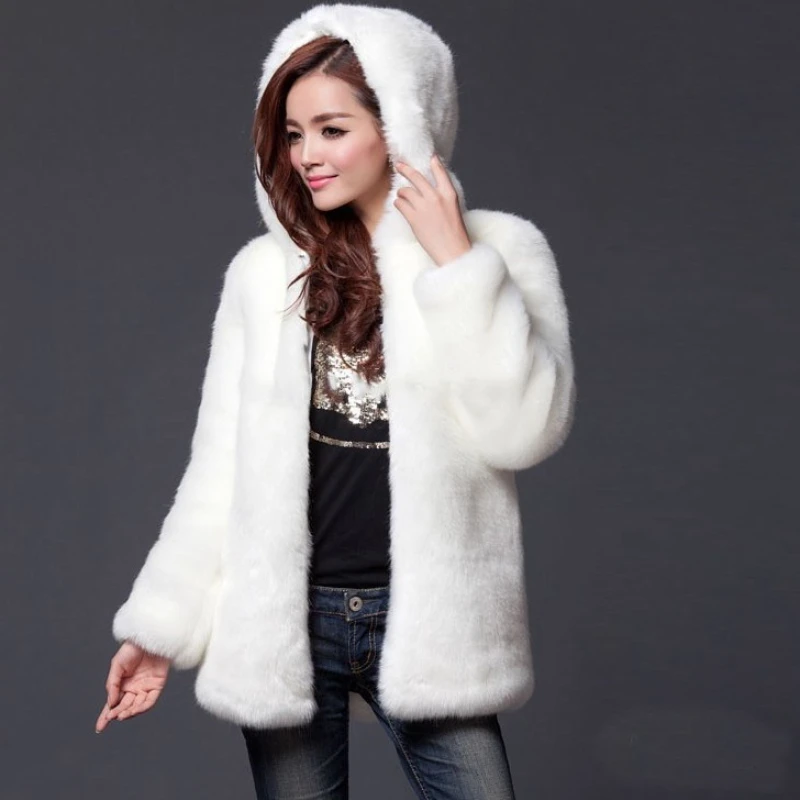 Autumn and Winter Women's Leather Fur Coat Hooded Casual Imitation Rabbit Fur Coat Warm and Loose Overcoat Women Faux Fur Coat