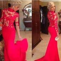 new fashionable high neck long sleeve red lace appliques special occasion evening prom gown 2018 mother of the bride dresses