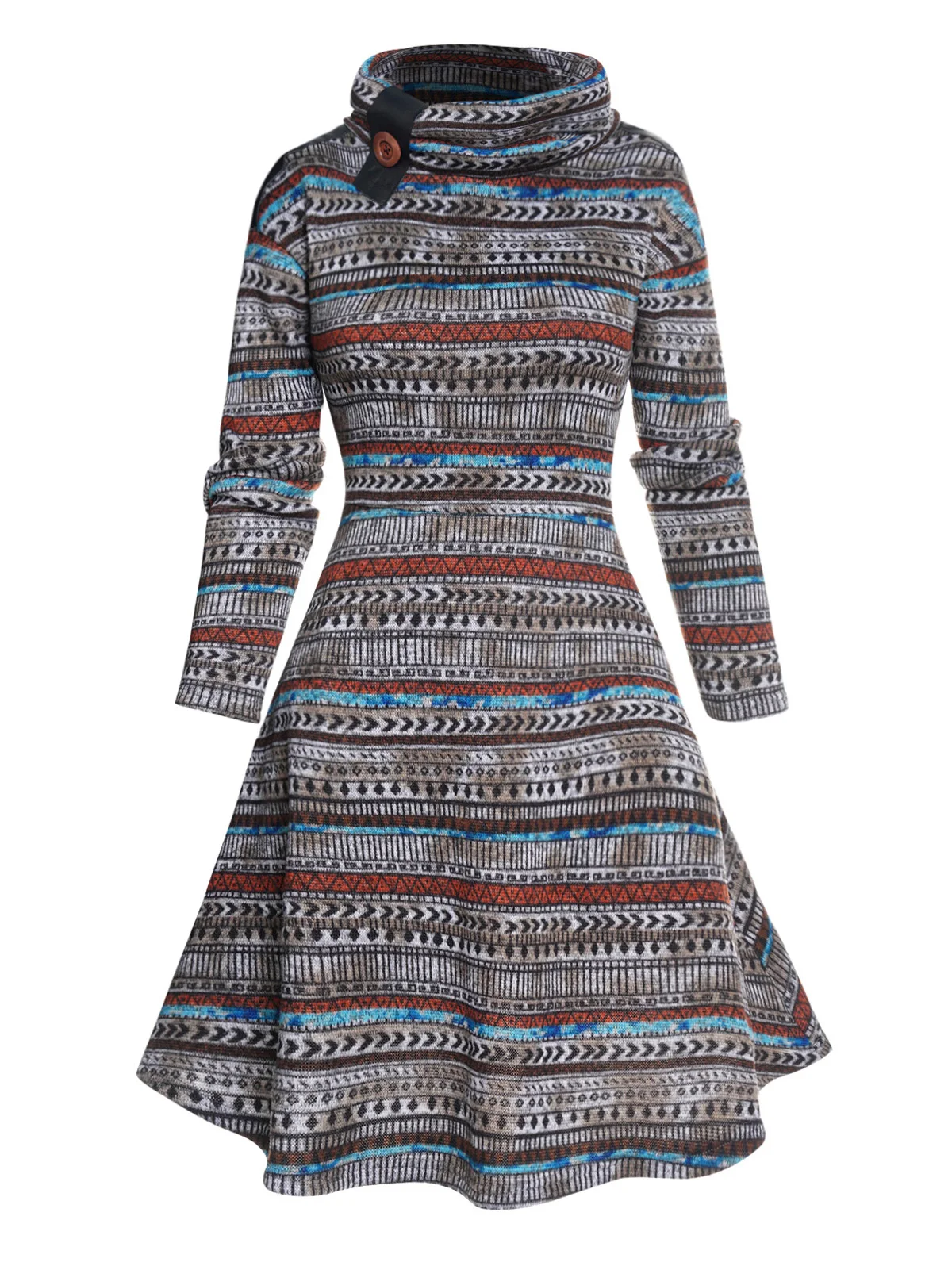 

Dressfo Cowl Neck Ethnic Style Striped Printed Long Sleeve Mini Dress Casual High Stretch Vestido Feminino