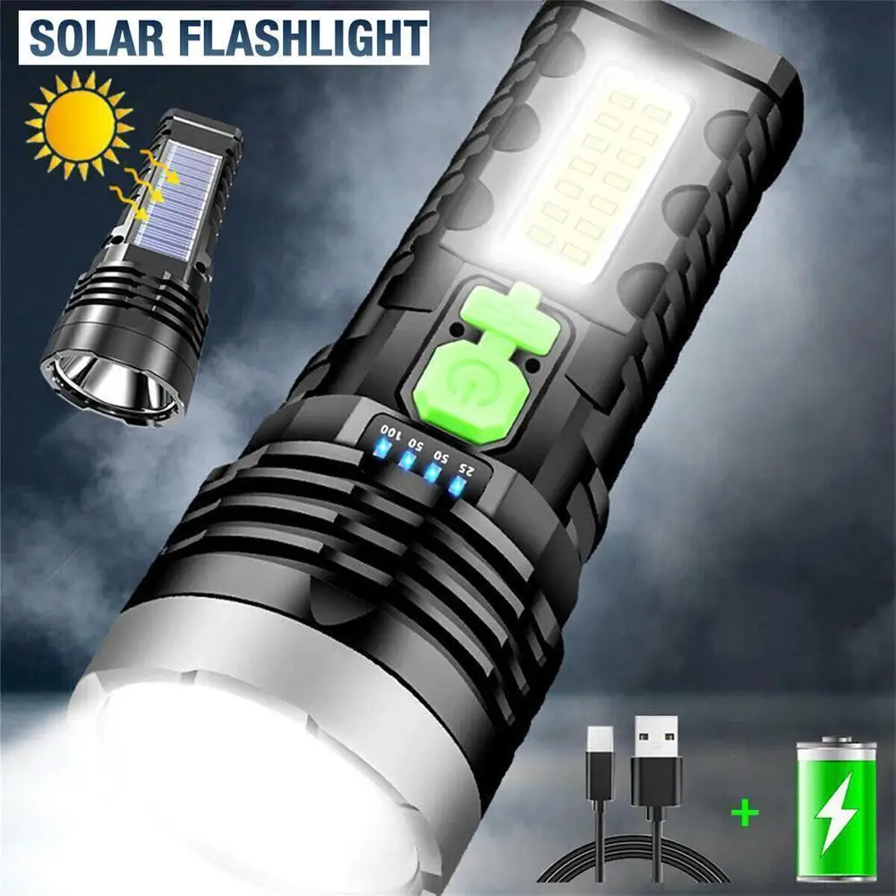 

99000lm Led Flashlight 4 Modes 36000lm Built-in Battery Usb Solar Rechargeable Torch With Side Light Multifunctional Spotlight