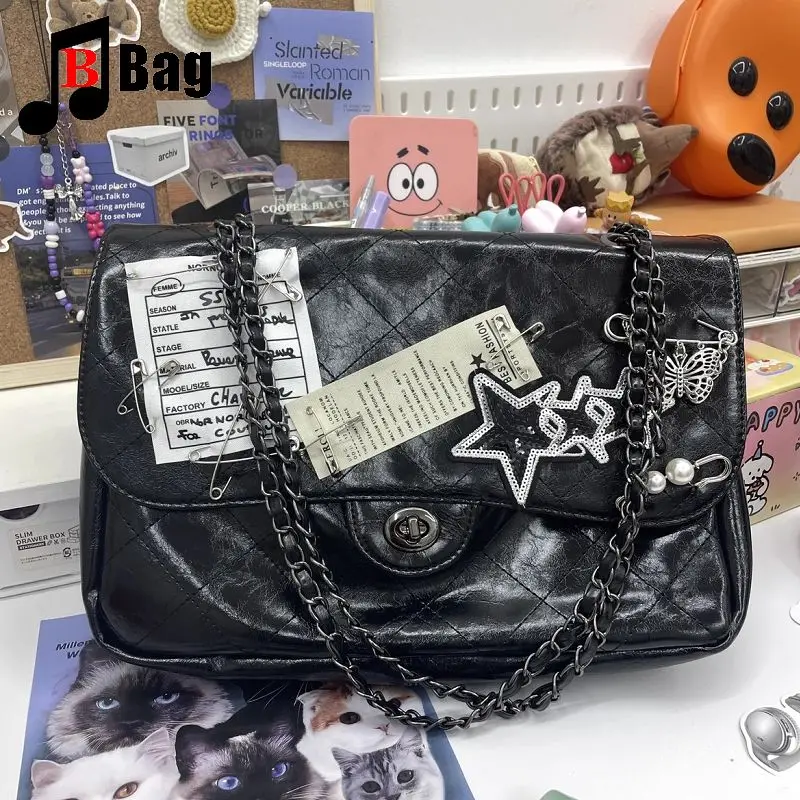 

Y2k Girl Vintage Harajuku Lolita Punk Women Chain Crossbody Oil Wax Skin Handbag Advanced Star One Shoulde Large Capacity Bag