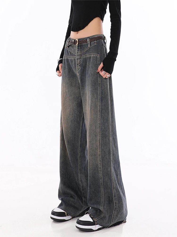 

Базовые голубые широкие брюки в американском стиле ретро с эффектом потертости, Длинные Мешковатые классические брюки с высокой талией, офисные Модные женские корейские брюки 2023