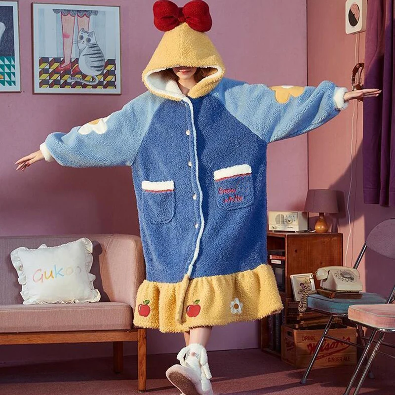 Winter Warm Pajamas Set Women Kawaii Sleepwear Fleece Nightgown Cartoon Cosplay Coral Fleece Hooded Thicken Night Dress Pyjamas