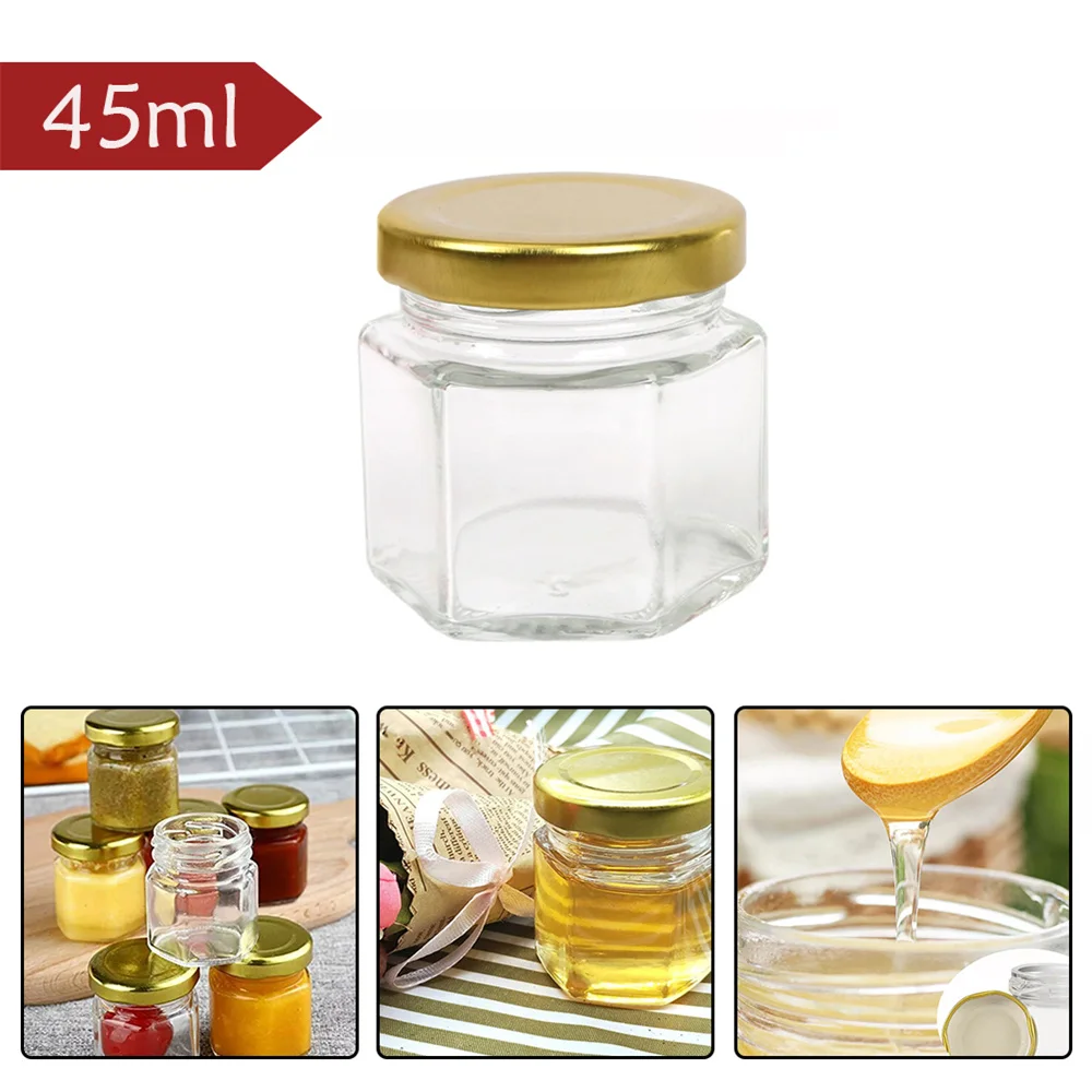 

6Pack 45ml Hexagon Mini Glass Honey Jars with Dipper Lids Bee Pendants Jutes Perfect for Baby Showers Wedding Party Favors