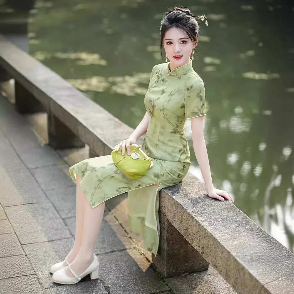 Женское винтажное платье-Ципао средней длины зеленое платье в китайском стиле с