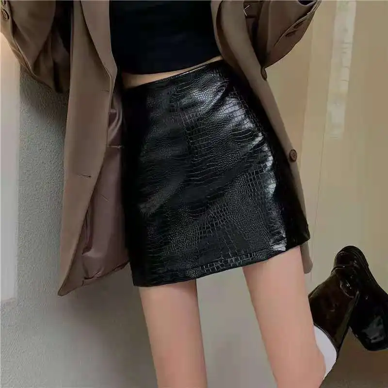PU Leather Autumn and Winter New Wrapped Hip A-line Skirt Short Skirt Fat MM High Waist long skirts for women