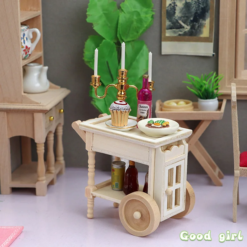 

1:12 Dollhouse Miniature Restaurant Kitchen Retro Wooden Trolley Dining Cart Two Layers For Home Play Furniture Doll Decor Toy