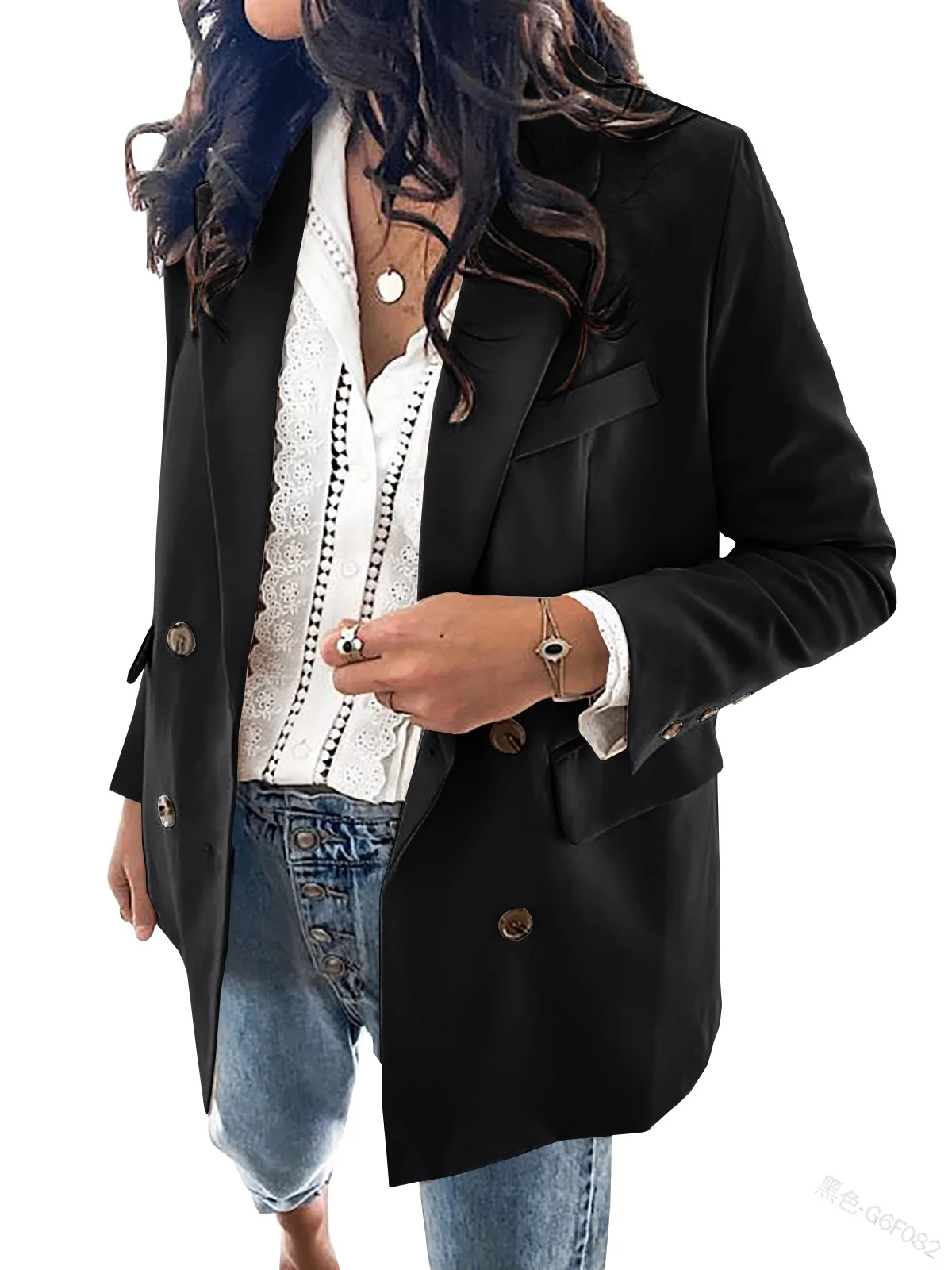 

2022 Women Spring Summer Blazer Coat Jacket Polo Collar Solid Color Small Suit Jacket Women's Double-Breasted Long-Sleeved Top