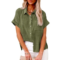 2022 summer new womens clothing solid color linen shirts short sleeved casual loose shirts oversized comfortable womens tops