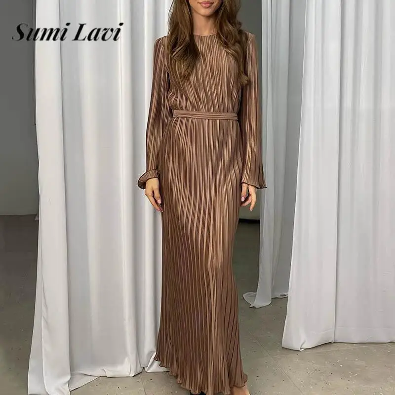 

Fashion O Neck Waisted Lace-up Long Dress French Pleated Flared Sleeve Ladies Dress Elegant Women Solid Color Ruffled Dress New