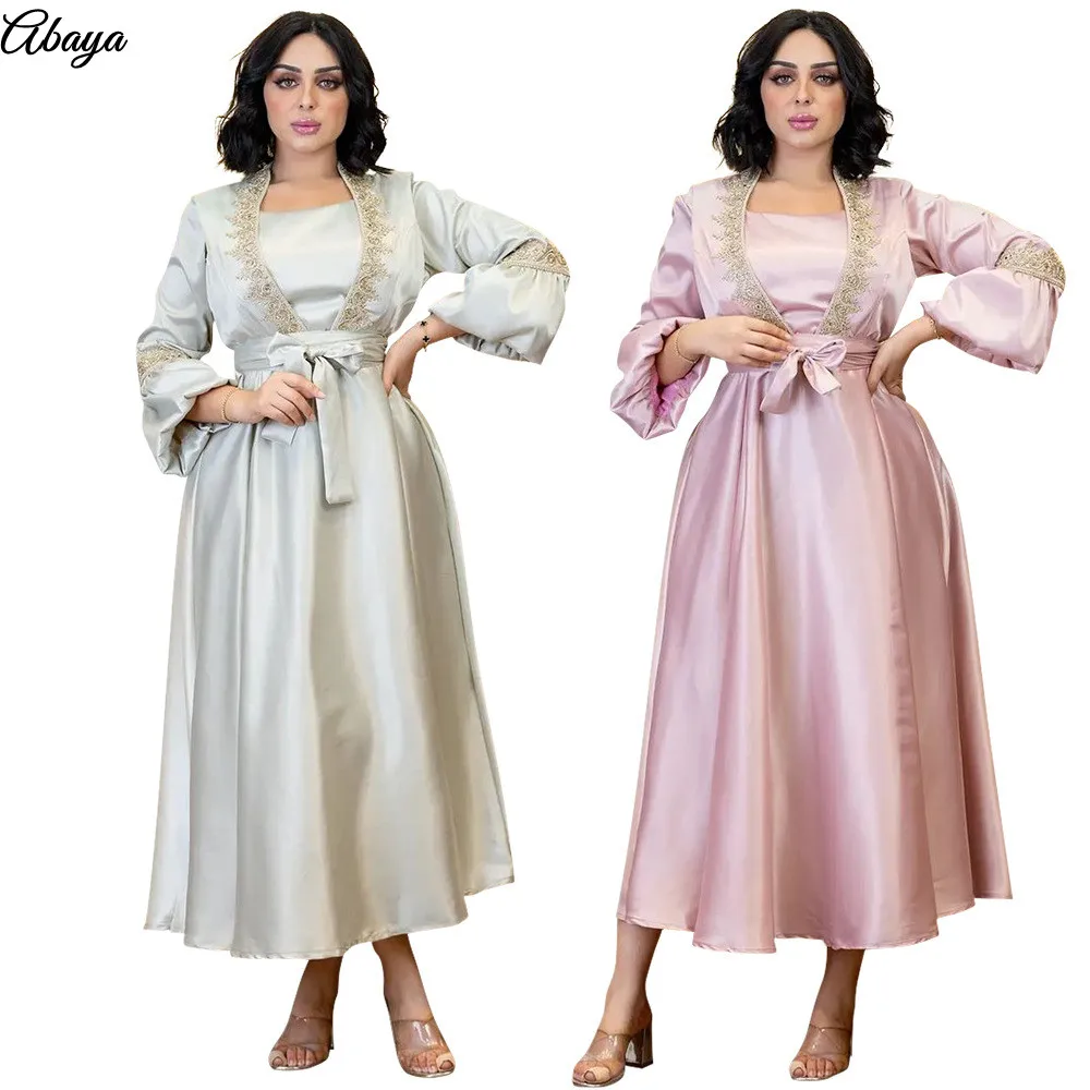 

Arab Elegant Lantern Sleeve Dubai Dress Abaya Middle East Muslim Eid Al-adha Party Gown Lace Applique Jalabiya Evening Dresses