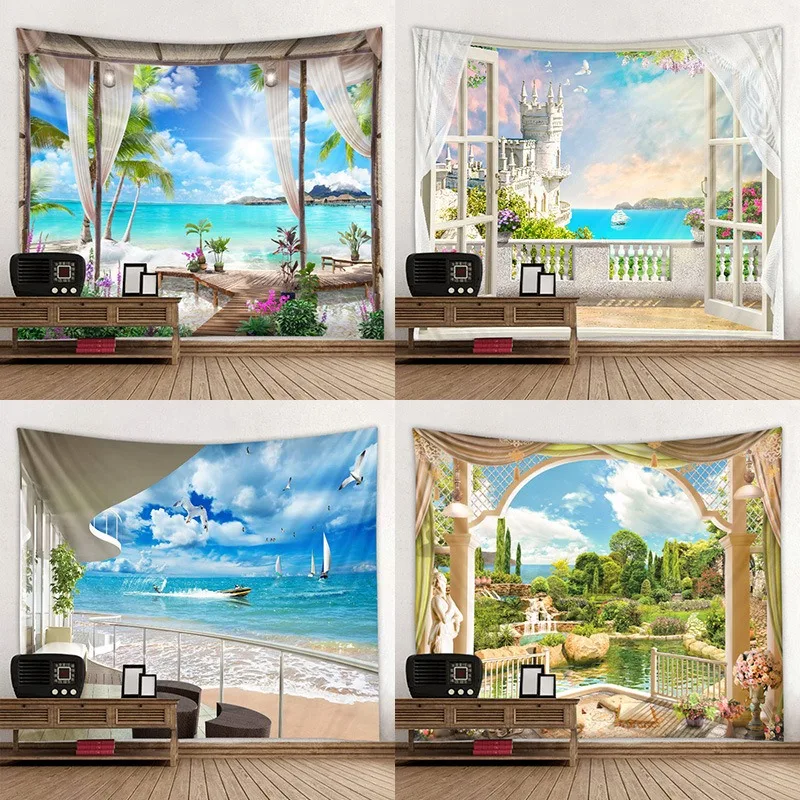 Пейзаж гобелен окна сцена настенное искусство дом Hogar спальня Masion Jardim
