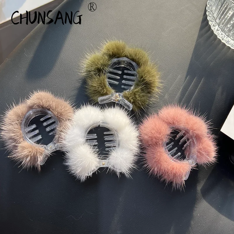 

Autumn and Winter Real Rabbit Fur Plastic Hair Claws Hair Clips Headwear Clip Hairpins Crab for Women Girls Hair Accessories