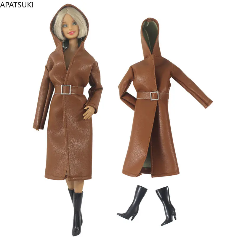 

Коричневые толстовки, кожаная одежда для кукол Барби, модное длинное пальто, куртка, плащ, ремень, сапоги 1/6, аксессуары для кукол, игрушки