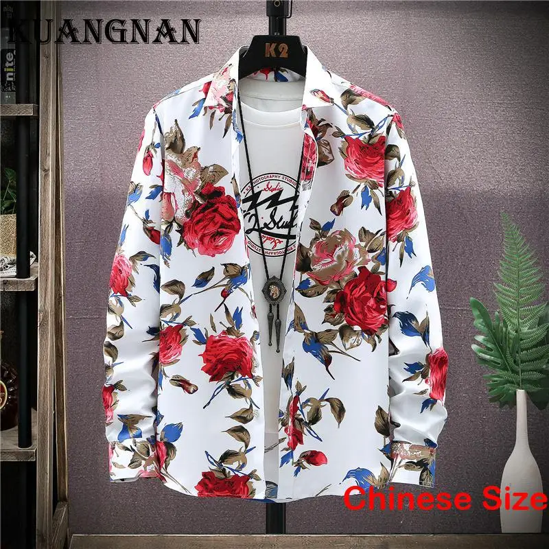 

KUANGNAN Floral Shirt Man Long Sleeve Men's Shirts Vintage Clothing Black Top Korean Style Clothes Cool Blouse Tops Blouses 4XL