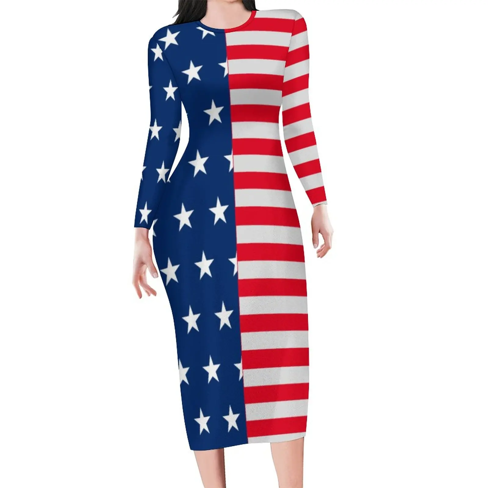 

Женское винтажное платье в полоску, облегающее платье с длинным рукавом и принтом в виде флага США, модель 3XL, 4XL, 5XL на осень