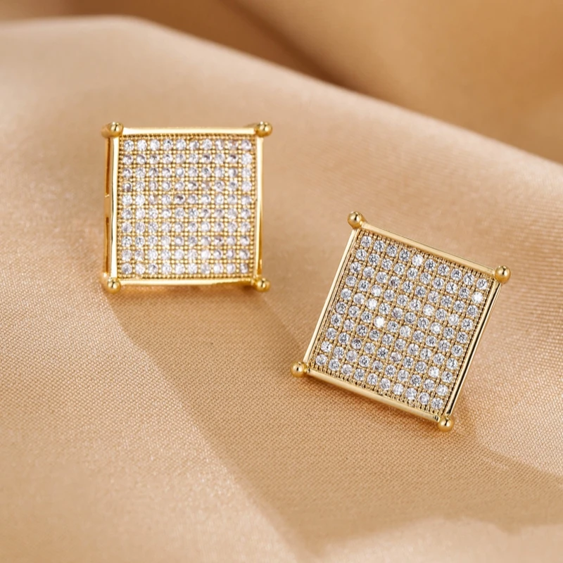 

Free Shipping Men's Hiphop Stud Earrings Zircon Square Rock Gold Color Earring For Women Luxury Party Jewelry 3 Colors