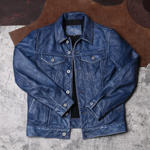 

High quality Vintage Genuine Leather Jacket Slim Blue Cowhide Motorcycle Jackets Casaul Men Coats Clothes Chaquetas