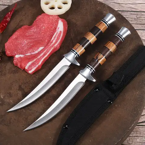 Кованый нож для мяса и овощей, охотничий рыболовный тактический нож с футляром, нож для резки мяса и овощей, кухонная утварь