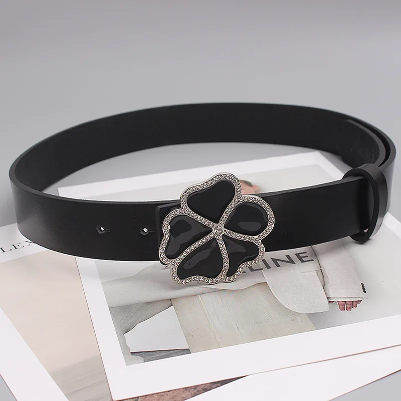 Women's New Style Flowers Retro Luxury Brand Wide Belt For Women Black Colored Buckle Female Belt Fashion