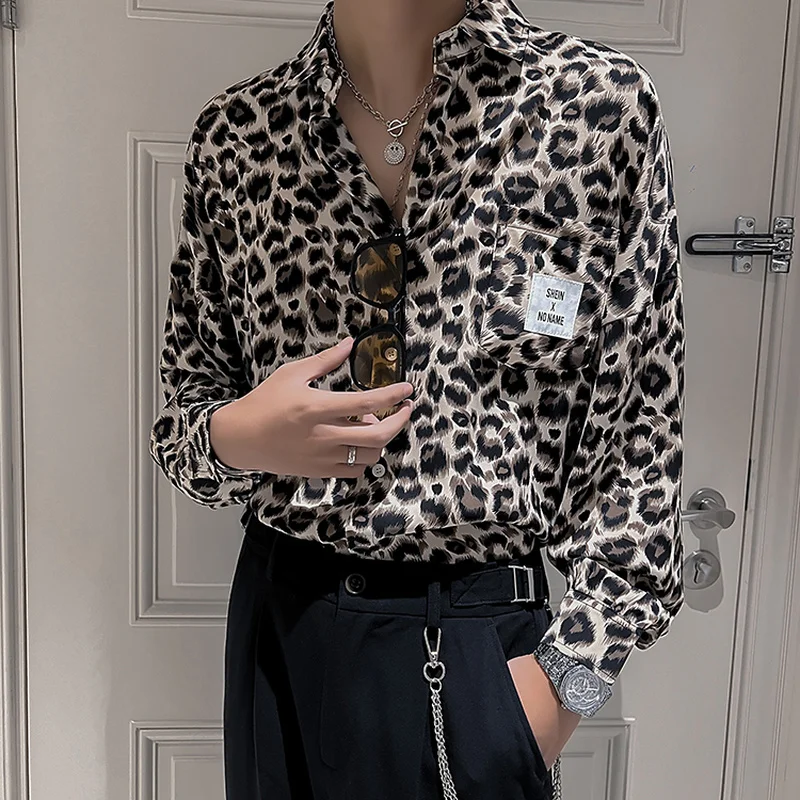 2022 New Fashion Leopard Shirts for Men Long Sleeve Loose Casual Shirt Social Nightclub Streetwear Camisa Masculina Men Clothing