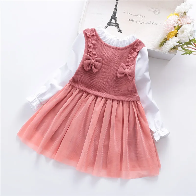 

Autumn Kids Solid Dress for Girl Patchwork Gauze Princess Dresses 1-6Y Young Children Casual Clothes Spring Long Sleeve Bow Robe