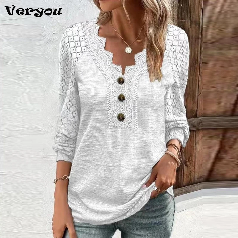 

Autumn Winter Women's T-shirt Abstract Elegant Solid Long-sleeved Pullover Hollow Out Lace Stitching V-neck Bottom Tee Shirt