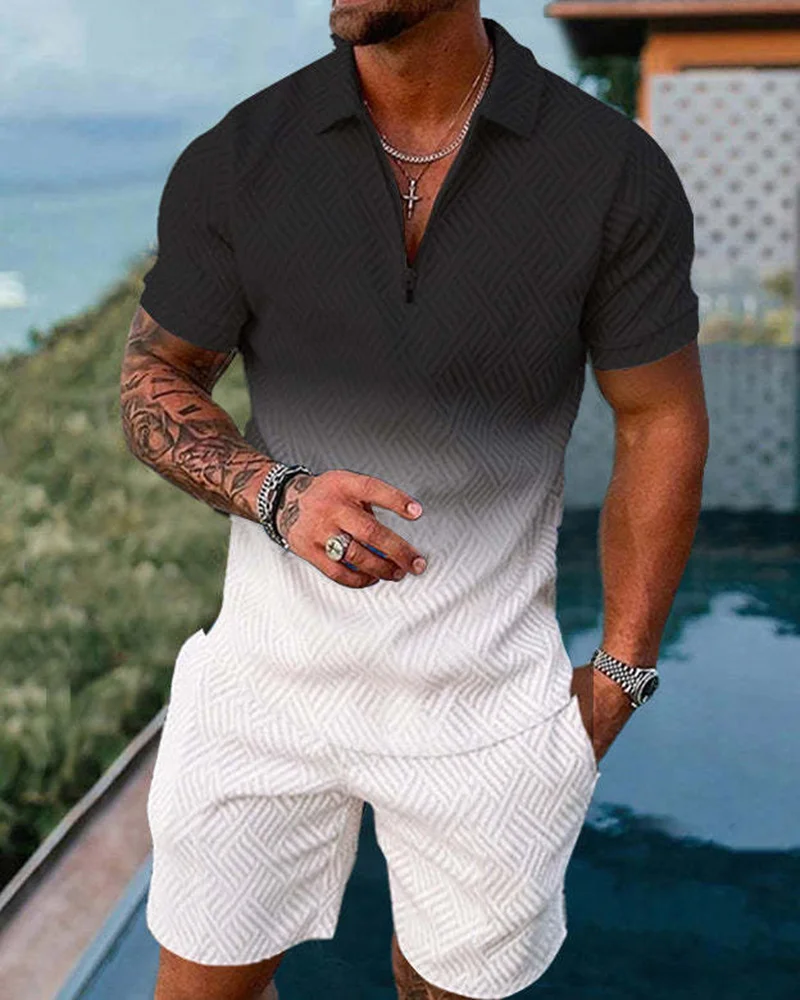 Summer Men's Luxury Short Sleeved Polo Shirt 2-Piece Gold Patterned Top Street Business Slim Down Tracksuit Set