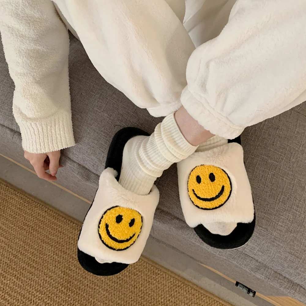 winter new kawaii cartoon ladies house fur slippers open toe bedroom cute smiley pattern home women fluffy slippers slides free global shipping