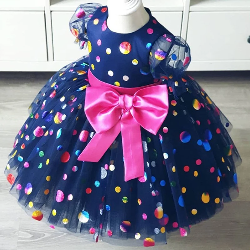 

Волнистое платье с пышными рукавами для девочек, Сетчатое платье с бантом, милое платье из газовой ткани для дня рождения, свадьбы, Цветочно...