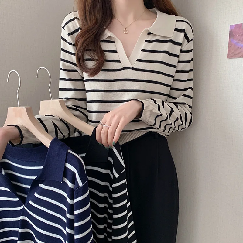 

Autumn Casual Knitted Sweater Pullover all-match Long Sleeve stripes Sweaters T-shirt Female Jumpers black Top Y2K Women Clothes