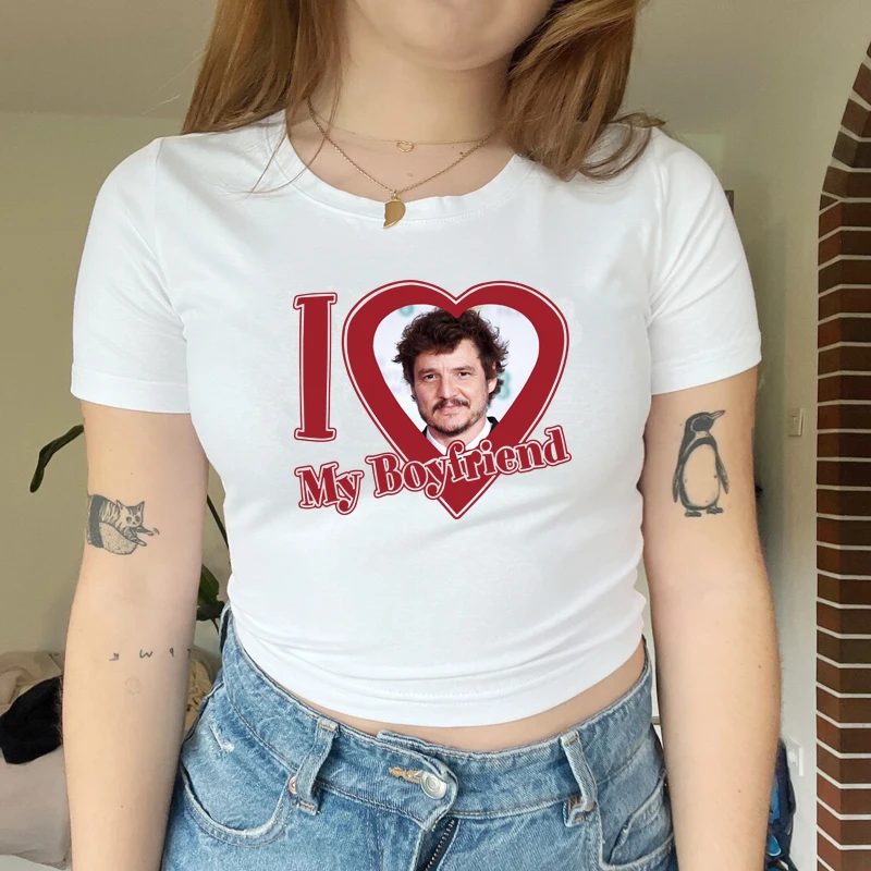 

I Love My Boyfriend with Pedro Pascal Photo Vintage Cropped Top Women Harajuku Y2k Baby Tee Funny 2000s Grunge Gothic Clothes