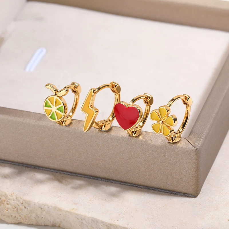 

Enamel Drip oil Cute Fruit Heart Stud Earrings For Women Girls Yellow Flower Jewelry Lightning Earrings For Boy Accessories Gift