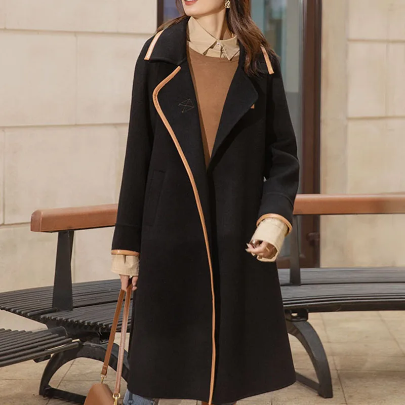 

Autumn Winter New Double Faced Woolen Coat Women's Korean Fashion Personality Black Buttonless Medium Long Cashmere Wool Coat