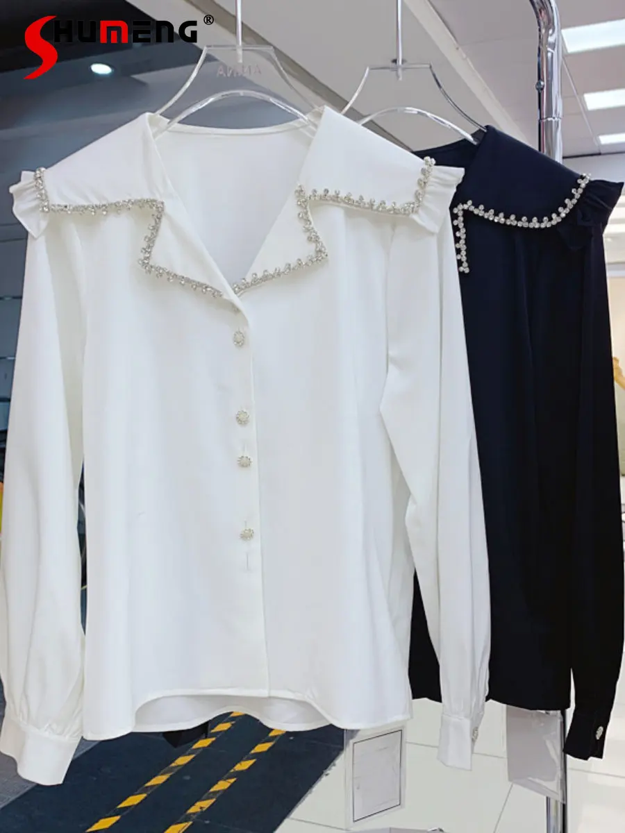 

Sailor Collar White Chiffon Blouse Women 2022 New Early Autumn Camisas De Mujer Fashion Design High-Grade Diamond Button Shirt