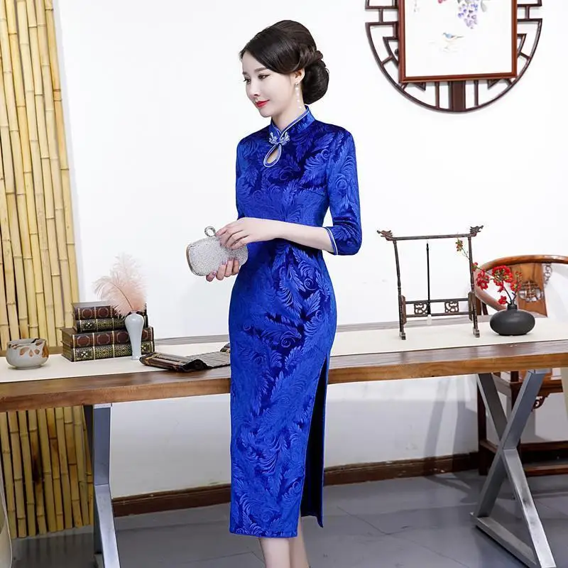 

Winter Thickened Fleece Golden Velvet Cheongsam Robe Femme Dress For Middle Aged Mother Dresses Blue Green Clothes